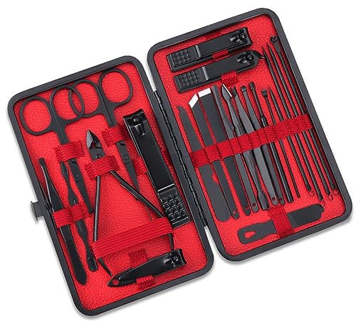 LATRAT Maniküre Set, 23-teiliges Pediküre Nagelknipser Set, Edelstahl Pflege Werkzeuge Pflegeset aus Edelstahl Nagelpflege Werkzeuge mit PU-Leder-Etui geliefert (Schwarz Rot)