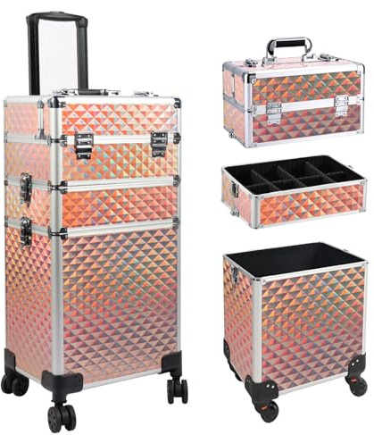 EBANKU 3-in-1 professioneller Make-up-Zugkoffer, Aluminium-Kosmetikkoffer, rollender Make-up-Koffer, extra großer Trolley, （Roségold）