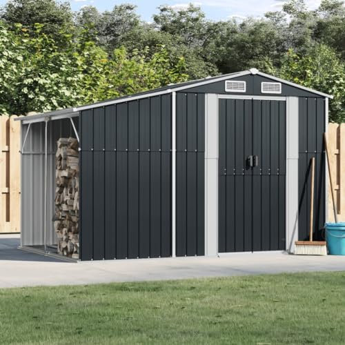 Homgoday Gerätehaus mit Stauraum Geräteschuppen Metallhaus Garten Schuppen Gartenhaus Metallschuppen Gartenschrank mit Satteldach und Lüftungsgittern Anthrazit 277x192,5x179 cm