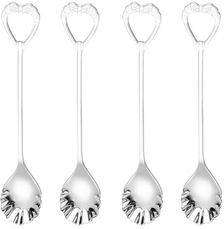 Ouliget Stainless Steel Tableware Dessert Spoons Set, Heart Shaped Straight Shank Coffee Spoons, Mirror Polished Finish Mini Teaspoons, Dishwasher Safe, 4 Pack