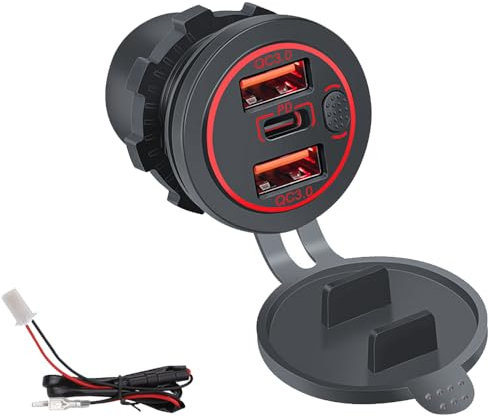 Kework 3 Ports 18W USB Car Charger With Switch, 12-24V Dual QC 3.0 USB & PD USB C Cigarette Lighter Socket Outlet, Dashboard Mount Quick Charge Charger for Car Motorcycle Truck Marine Boat (Red Light)