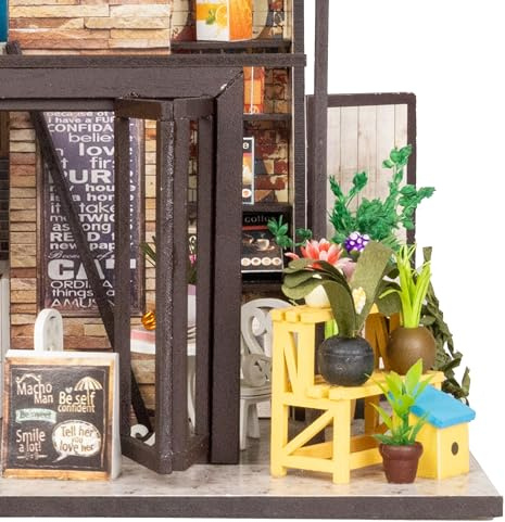 Crafts&Co® DIY Miniature Haus mit Möbeln | DIY Puppenhaus Erwachsene | Hölzernes Puppenhaus-Kit | Holz Mini Haus Modell mit Licht | 1:18 | Kaffee Café Happiness