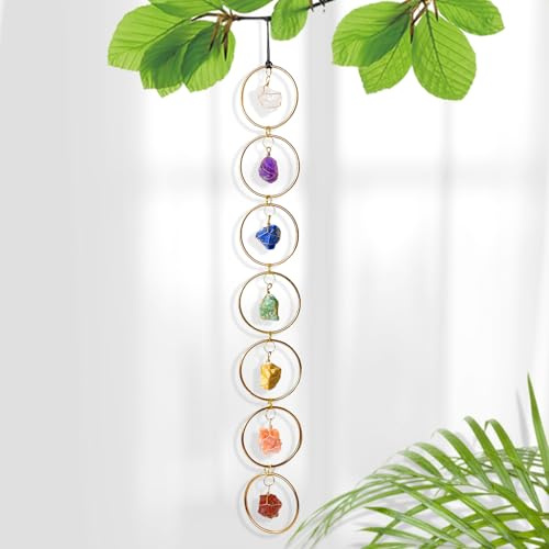 Naturale pietra di cristallo grezzo 7 Chakra Wall Decor Guarigione Cristallo Gemstone Outdoor Indoor Finestra rotonda appeso Decorazione casa (colore oro)