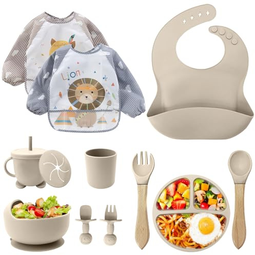 CUBTEM Set Pappa Svezzamento, Set di 12 Piatti per Bambini,Ventosa Ciotola e Cucchiaino per Neonati, Bavaglino in Silicone, Set di Posate per Bambini per Lo Svezzamento e L'Alimentazione