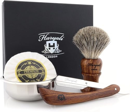 Haryali London Cut Throat Razor Wooden Shaving Kit, Black Badger Brush, Soap & Bowl, Sustainable as Gift Set