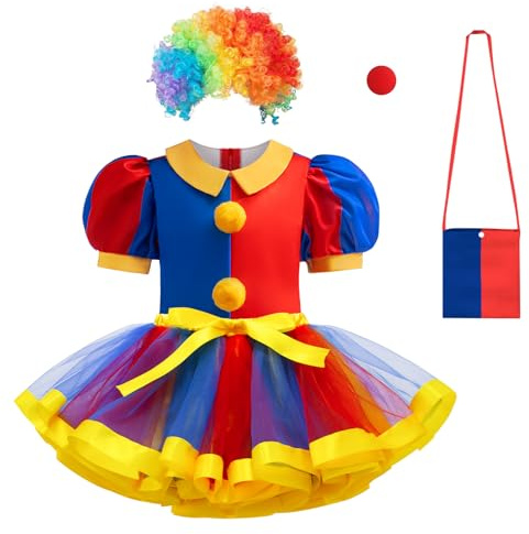 Miltrs Girls Clown Costume Dress Circus Cosplay Set Rainbow Tutu Skirt Clown Wig Hallowen Birthday Party for Girls