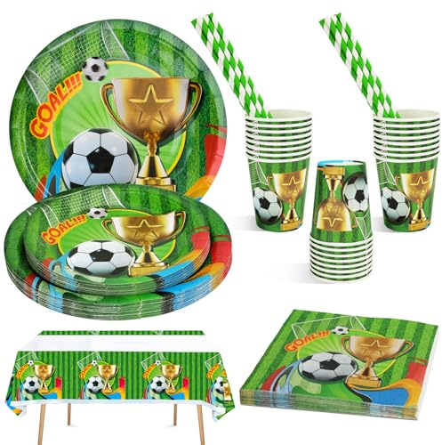 CSYY 101 Stück Fußball Partygeschirr Set, Deko für Liebhaber Fußball Pappteller Becher Strohhalme Tischdecke für Kindergeburtstag für 20 Personen