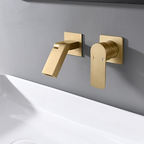 BiaoTeng Unterputz Waschtischarmatur Wandmontage 2 loch Heiß und Kalt Einhandmischer G1/2 Anschluss Messing Mischbatterie für Waschbecken Wand Gebürstetes Gold