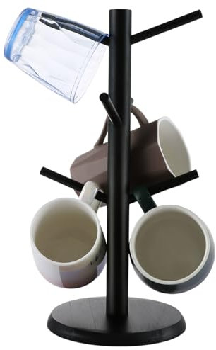 ASelected Mug Tree Coffee Cup Holder Black Bamboo Cup Holder Tree for Kitchen Tabletop Countertop Pantry Holds 6 Mugs
