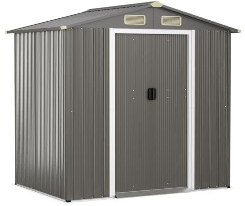TANGZON 6 x 4 FT Metal Garden Shed, Galvanized Steel Outdoor Tool Storage House with Lockable Sliding Doors, Sloped Roof & 4 Air Vents, Utility Gardening Shed Box for Patio Lawn Yard (Light Grey)