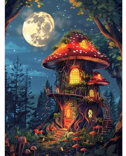 KEYIFA Paint by Numbers for Adults, Painting by Number Canvas Kits with Acrylic Paint Brushes, DIY Craft Oil Painting Art Kits for Adults Fantasy Mushroom House, Home Wall Decor 30x40CM