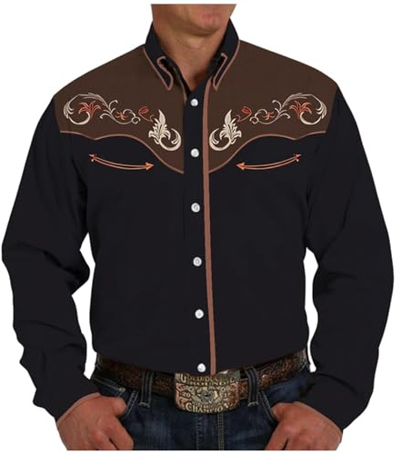 Caxndycing Chemise western à manches longues brodées pour homme - Imprimé cowboy - Chemises de style occidental - Mode traditionnelle brodée - Kaki - Chocolat - Petites chemises - Imprimé 3D - Chemise
