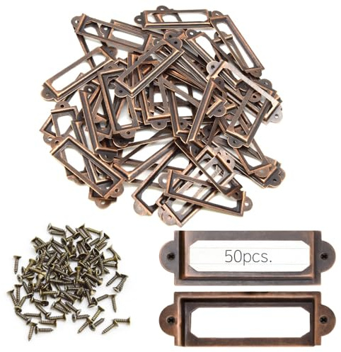 Ruidee 50 Stück Metall Etikettenrahmen Vintage 60x17mm Etiketten Kartenrahmenhalter Möbel Schublade Label Halter mit Schrauben Namensschild Etikettenrahmen für Büro Bibliothek (60x17mm/Red Bronze)