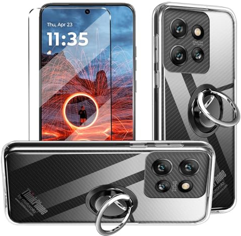 3-in-1 Case + Phone holder Ring Compatible with Motorola Thinkphone 25 / Motorola Edge 50 Neo Cover with 1 Pack Tempered Glass Screen Protector, Slim Fit Soft TPU Anti-Scratch Phone Case - Clear
