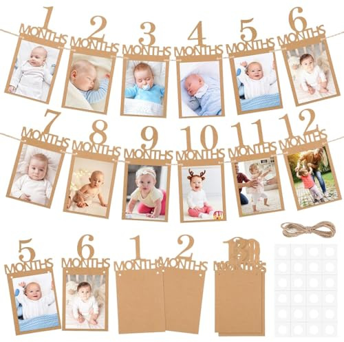 ZEPIQOR Guirnalda Fotos 12 Meses Bebé Papel Kraft Decoración Cumpleaños 1 Año, Tarjetas Cuerda Yute Pegamento Aguja Plástico, Pancarta Fiesta Cumple Mes Regalo Recuerdo Recién Nacidos