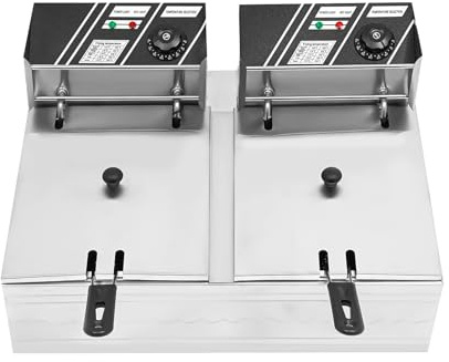 banborba Double friteuse électrique professionnelle en acier inoxydable avec couvercle, paniers et thermostat de sécurité, double réservoir, 2 x 6 l, 2 x 2500 W, température jusqu'à 200 °C
