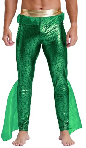 Loodgao Herren Glänzend Hose Fischschuppen Bedruckt Leggings mit Rüschen Flosse Halloween Cosplay Kostüm Strumpfhose Motto Party Clubwear Grün L