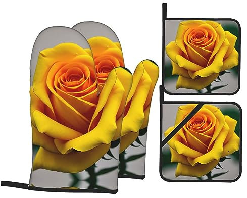 Yellow Rose Print Oven Mitts and Pot Holders Set - Heat Resistant, Kitchen Gloves for Cooking, Baking, Grilling
