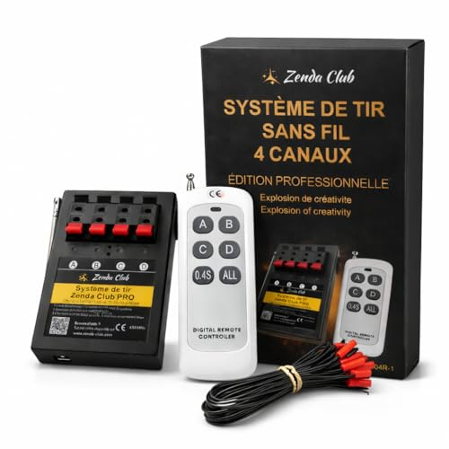 zenda club® Allumeur Feu d'artifice sans Fil 4 Voies + 2 Télécommandes – Système Électronique Pyrotechnique avec Contrôleur – Équipement Professionnel pour Tir Sécurisé de Feux d'artifice