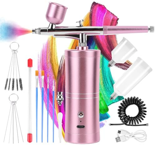 Kit d'aérographe avec compresseur rechargeable, portable, aérographe à ongles haute pression avec buse et brosse de nettoyage pour nail art, maquillage, peinture, décoration de gâteau (rose)