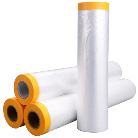 4 Rollen Abdeckfolie mit Positionierung Klebeband, 2.4m × 20m Selbstklebende Abdeckfolie Maler Transparente Staubschutz für Möbel Auto Boden Wand Malerei Abdeckung