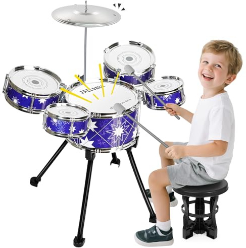 Batería de Juguete Mejorada para Niños de 3 a 5 Años, Kit de Batería Jazz para Niños Pequeños con Taburete, Juguete Instrumento Musical para Regalos para Niñas y Niños de 3, 4 y 5 Años