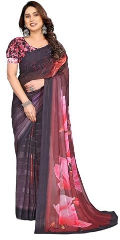 ETHNICMODE indien Sari For femme Printed Georgette Light Weight Jari Party Wear Brown Saree With Unstitched Brown Blouse Piece-1125