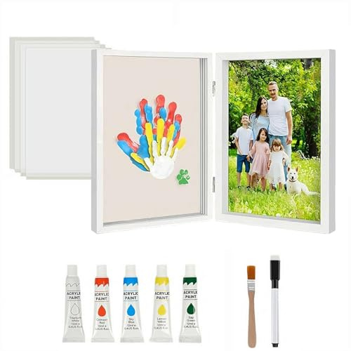 Cikiki Familien-Handabdruck-Set, 25,4 x 17,8 cm, für Baby-Hand- und Fußabdruck, handgefertigter Holz-Bilderrahmen, 5 Farben, Holz-Klapprahmen für frischgebackene Eltern, Vatertag, Muttertag