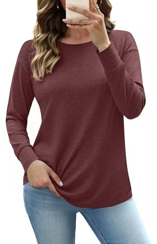Totatuit Camiseta Mujer Manga Larga Cuello Redondo Básica Algodón Elástica Suave Cómoda Chic Color Liso Túnica Rojo Vino，XXL