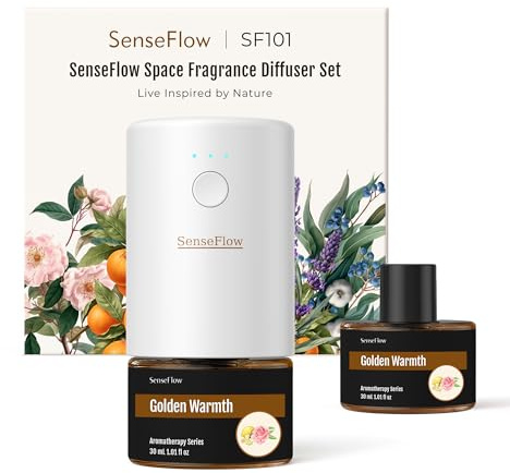 SenseFlow Aroma Diffuser für Ätherische Öle SF101 Pro, Wasserloser Ultraschall Duftstecker Raumduft, 100% pflanzlich Lufterfrischer, 120 Tage Aroma für Zuhause, Hotel - bis zu 100 m² - Goldene Wärme