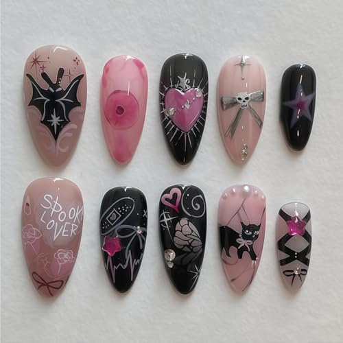 Cosblisvia 24 Stück Y2K Press on Nägel Mittel, Fußball World Cup Design Künstliche Fingernägel Schwarz Rosa Graffiti, Fake Nails für Damen Party Sommer Festival