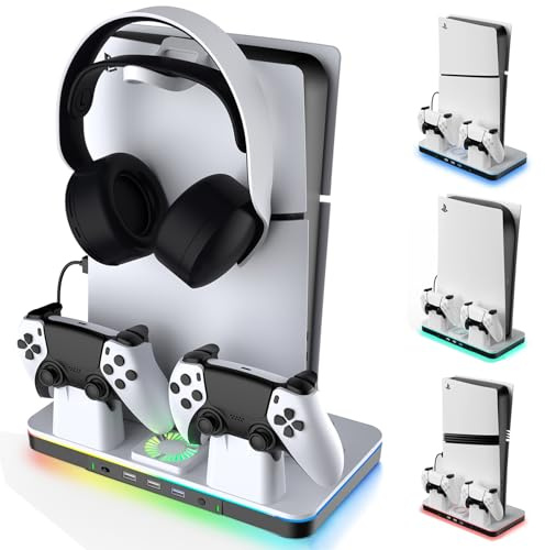 Yaskyly PS5/Slim/Pro Stand for Disc & Digital Console, PS5 Cooling Station with Controller Charging Station for PlayStation 5, PS5 Accessories, USB HUB 3.0, 2-Level Fan, RGB LED Light, Headset Holder