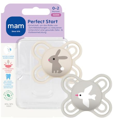 MAM Perfect Start Schnuller, 0-2 Monate, Hase/Möve, 2 Stück | Beugt Zahnfehlstellungen vor, SkinSoft Silikon, hautfreundlich dank Luftlöcher, inkl. Sterilisierbox