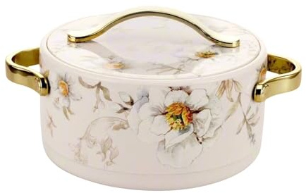 Reldor Insulated Stainless Steel Casserole Hotpot with Lid – BPA Free, Food Grade, Easy Carry Handles – Hot Pot for Kitchen, Roti Box – 5000ml, White Floral Design