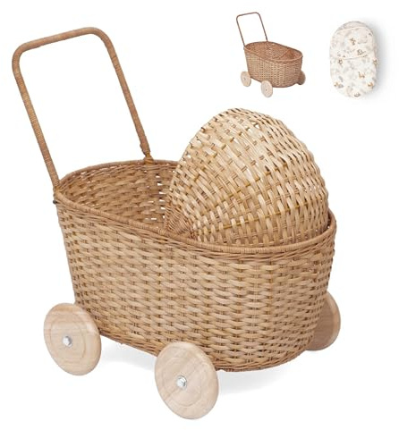 GON Stroller – Passeggino per bambole 3 in 1 in rattan, carrello della spesa e carrello per bambini | Passeggino intrecciato a mano in materiali naturali con cuscino e materasso, carrello per bambole
