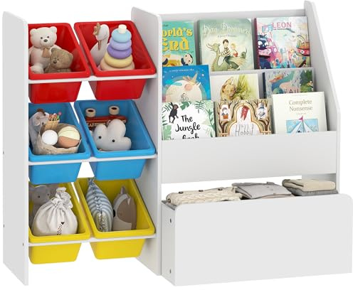 AIYAPLAY Toy Storage Unit, 3-Tier Toy Organiser Shelf with 6 Removable Storage Bins and Large Box, Childrens Bookcase for Bedroom, Nursery, Playroom, Multicoloured