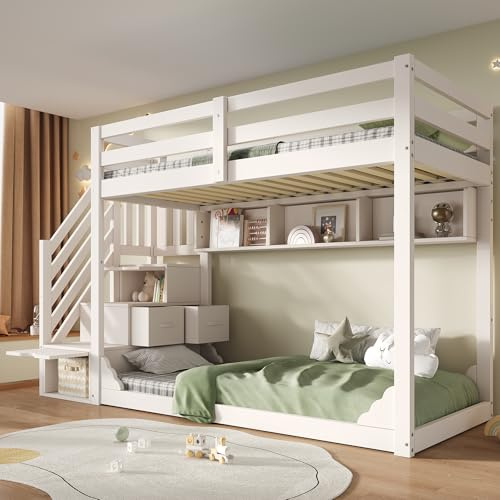 LAKFEW Litera Infantil 90x200 cm con Estante y Escalera para Almacenamiento, Cama Infantil Literas con 2 Cajones y Protección Anticaída, Cama Tren Literas Infantiles para 2 Niños, Blanco, Sin Colchón