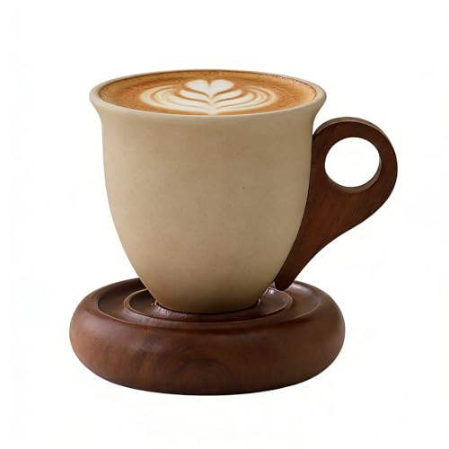 CoyHetsu Dewdrop-Shaped Ceramic Wood Coffee Cup 250ml/8.45oz – Solid Wood Handle, Includes Coaster & Stainless Steel Spoon, Dishwasher Safe, Eco-Friendly, for Home, Office, Cafe & Party