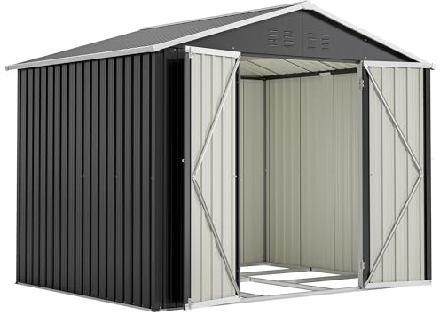 DRIXNO Metall-Geräteschuppen, Metall-Tool-Shed mit Klapptür 229.4x180x191 cm, Gartenhaus Metall für Garten, Terrasse, Hinterhof, Ideal für Gartengeräte und Werkzeugaufbewahrung, Schwarz