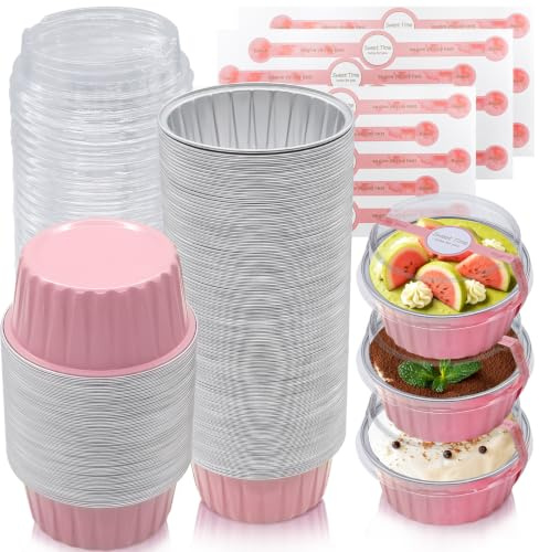 100 Set Re-usable Cake Tins with Lids and Stickers, 150ml Round Aluminum Foil Baking Pans Small Loaf Tins Cups Tart Pie Containers for Cupcake Muffins Desserts, Pink