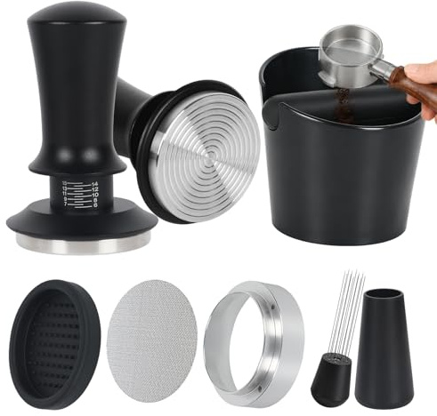 6-in-1 51mm Coffee Tamper Set Espresso Coffee Machine Accessories Barista Set WDT Tool 51mm Espresso Tamper Black, Stirrer, Coffee Knock Box, 51mm Dosing Funnel, 51mm Puck Screen