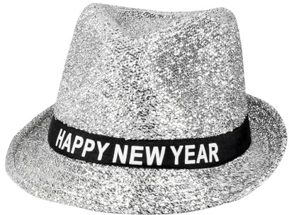 Boland 13450 – Chapeau Sparkling Happy New Year, argent avec paillettes, fedora scintillant pour le Nouvel An, bandeau avec écriture, accessoire, cadeau