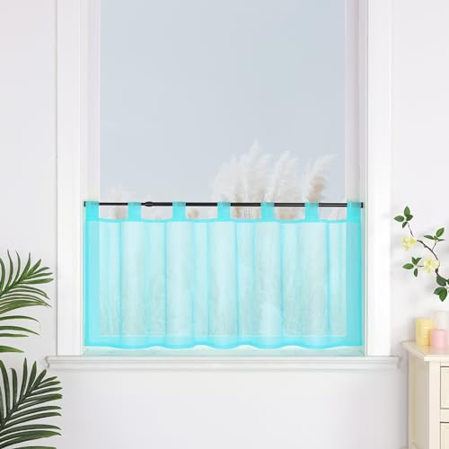 Yujiao Mao 1er Pack Voile Blau Scheibengardine mit Schlaufen Küchen Vorhang, H/B: 45/120cm