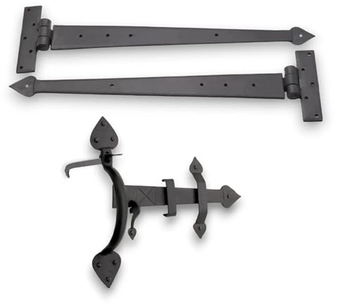 Infinity Decor Hand Forged 18” Gothic T Hinge Arrow End & Suffolk Latch Door Kit Beeswax– Wrought Iron Wooden Gate Kit for Garden Gate, Shed, Barn