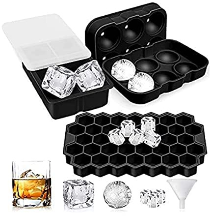 Nicoman Easy-Release Silicone Ice Cube Mould with Spill-Resistant Lids, Combo Giant Ice Ball & Ice Cube & Hexagon Ice Cube, Suitable for Whiskey Wine or Any Drink, (Set of 3) Black