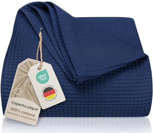 LAYNENBURG Premium Tagesdecke 240 x 260 cm XXL - Waffelpique 100% Baumwolle - leichte Wohndecke Waffeloptik - Baumwolldecke als Bett-Überwurf, Sofa-Überwurf, Couch-Überwurf - Sofa-Decke (blau)