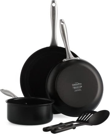 GreenPan Lima Midnight Ensemble Antiadhésif en Céramique Saine Anodisée, 5 pièces, comprenant Poêle, Casserole et Ustensiles en Nylon, Sans PFAS, Convient à l'induction, Va au four, Noir