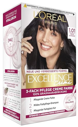 L'Oréal Paris permanent hårfärg, 100% grått hårskydd, hårfärgningsset med färgning, schampo och 3-vägs vård krämfärg, Excellence Creme, nr 1.01 djup svart, 3 x 268 g
