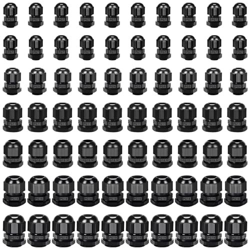 XSHAO Pack of 70 Cable Glands 6 Models Waterproof Adjustable PG Screw Connection with Lock Nut for Cable Attachment Cable Strain Relief Connection Boxes and Electrical Devices (Black)