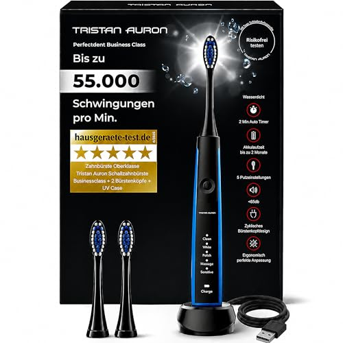 Elektrische Schallzahnbürste 5 Modi, 55.000 VPM, risikofrei 100 Tage testen | Tristan Auron SonicMaster blau, Beste Reisezahnbürste, 2 Aufsätzen, leise, IPX7 wasserfest